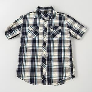 Burnside Shirt Mens Large ‎ Blue Gray Plaid Short Sleeve Button Up Western